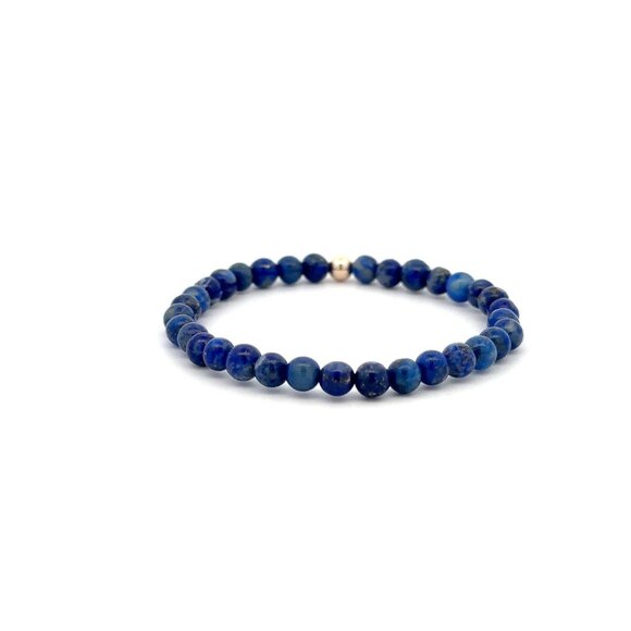 Lapis Lazuli Gemstone Beaded Stretch Bracelet with 14K Gold Accent Bead Handmade - Picture 4 of 6